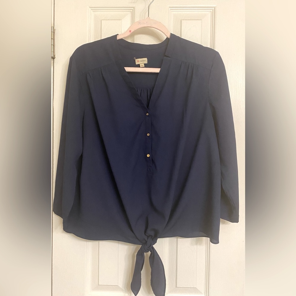 CREMIEUX navy blue blouse top with tie up front Sz large